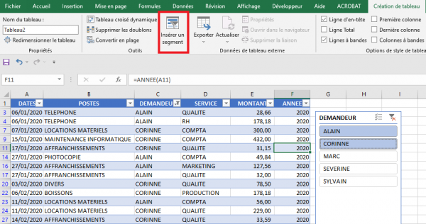 Les segments tableaux croisés dynamiques et graphiques Excel