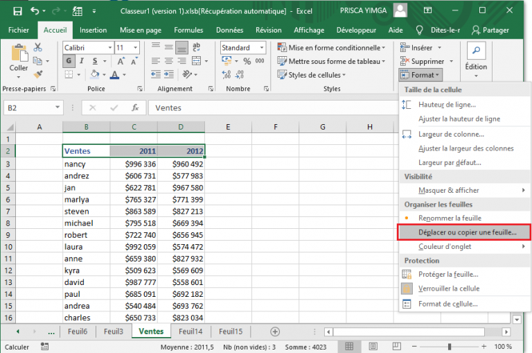 Copier une feuille de calcul dans Excel