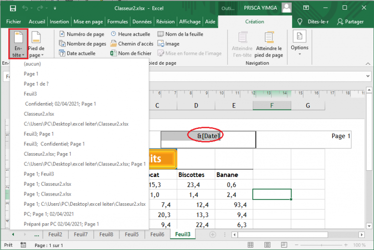 Ajouter un en-tête de classeur Excel