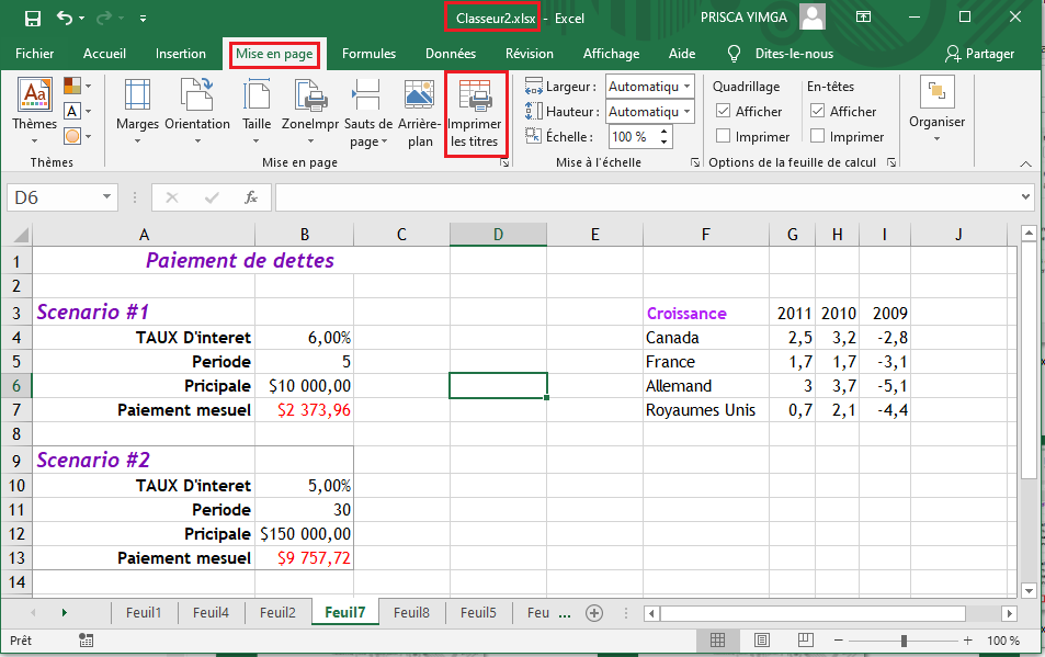Configurer les titres à imprimer sur chaque page, Classeur Excel