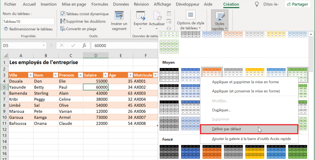 Appliquer des styles aux tableaux Excel