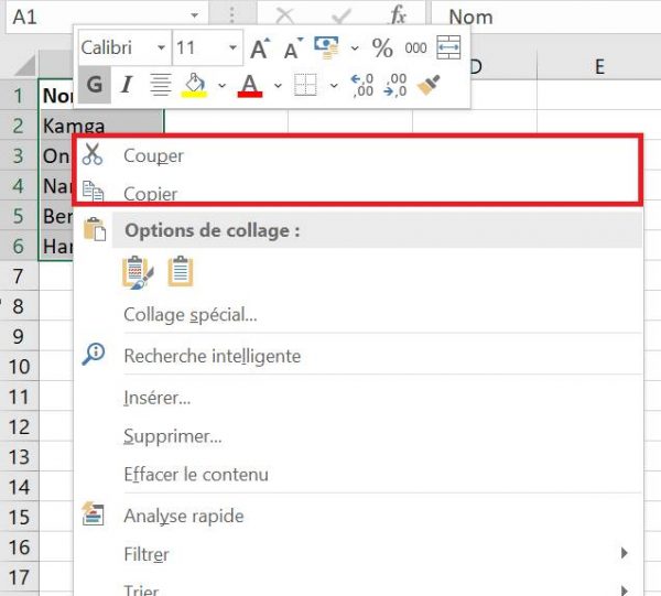Couper, copier ou coller des données dans Excel
