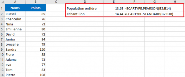 Calcul de l'écart type sur Excel