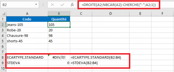 Calcul de l'écart type sur Excel