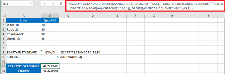 Calcul de l'écart type sur Excel