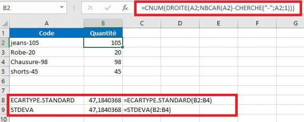 Calcul de l'écart type sur Excel