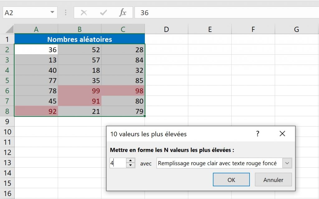 Mettre en évidence les 4, 8, 12 valeurs dans Excel